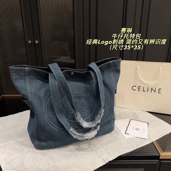 Celine Triomphe Denim Tote Denim สีฟ้า 35*35cm Tote Bag