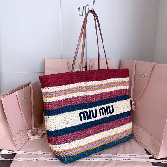 Miu Miu Raffia-Effect Woven Fabric Sac cabas Multicolore Stripe Sac cabas
