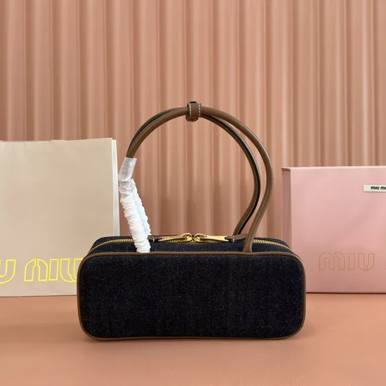 Miu Miu Beau Top Handle Bag Denim Blue Brown Top Handle