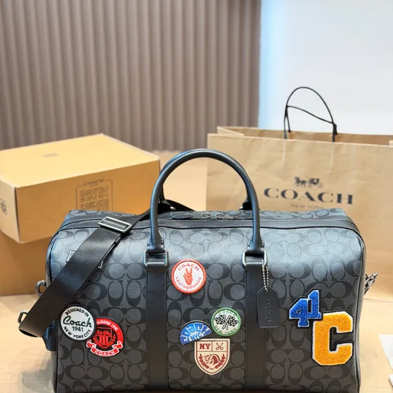 Coach Venture Weekender In Signature Lona With Patches Charcoal Negro Duffle Bag
