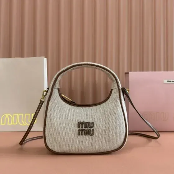 Miu Miu Canvas Hobo Bag Beige Brown Hobo