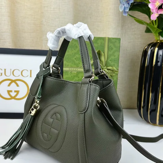 Gucci Soho Leather Top Handle Bag Olive Green 23*11*20.5 Top Handle