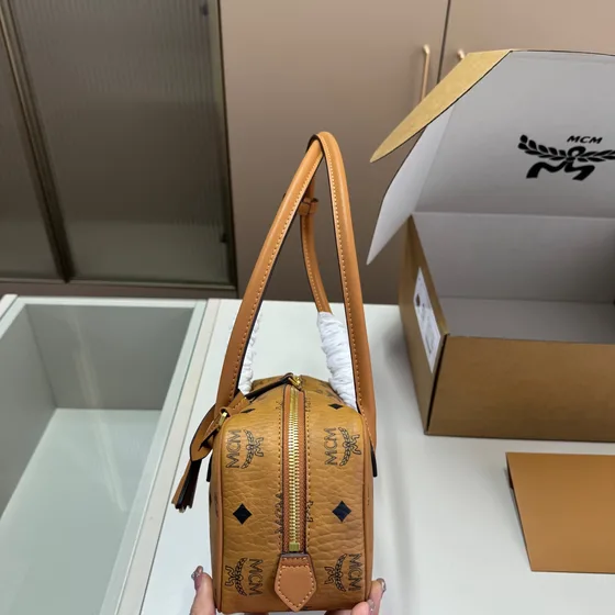 MCM Aren Boston Bag In Visetos Cognac Shoulder Bag