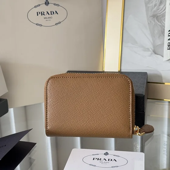 Prada Saffiano Triangle Logo Zip Coin Purse Caramel Marron Coin Purse