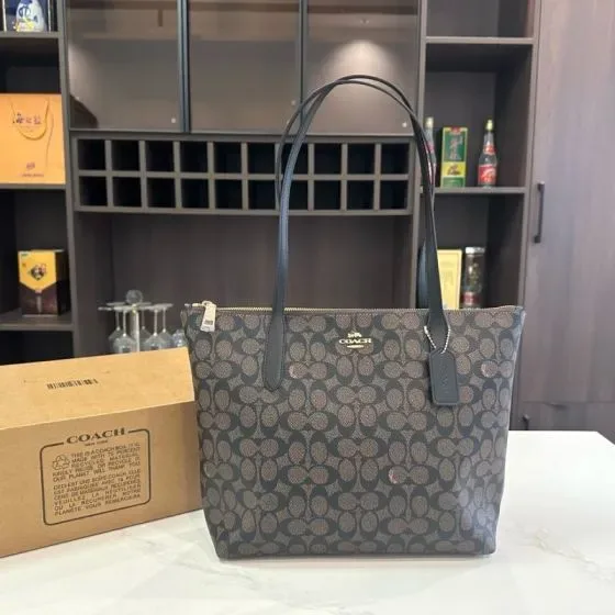 Coach Zip Top Tote In Signature Canvas Brown Black Tote Bag