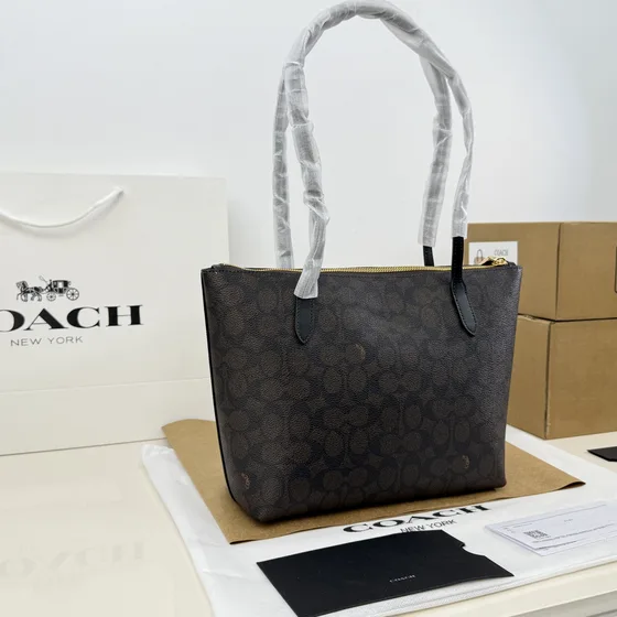 Coach Zip Top Tote In Signature Lona Marrón Negro Bolso tote