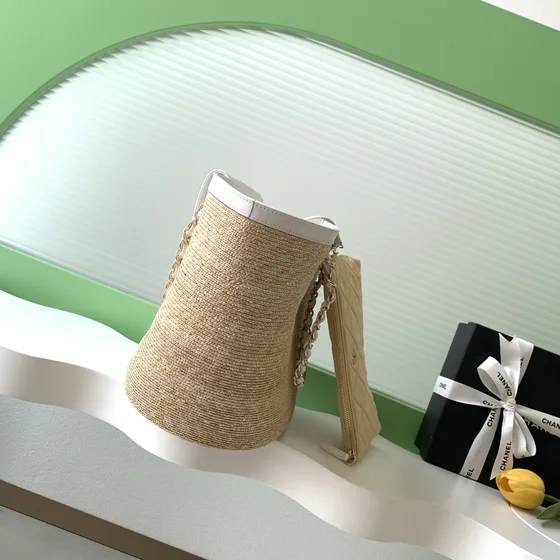 Chanel Large Straw Basket Bag Beige And White Shoulder Bag