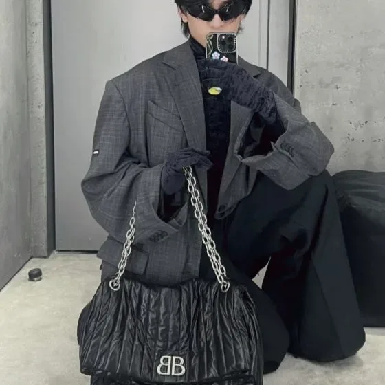 Balenciaga Monaco Medium Chain Bag Quilted Nylon Black Shoulder Bag