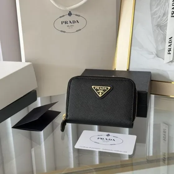 Prada Saffiano Leather Zip Coin Purse Black Coin Purse