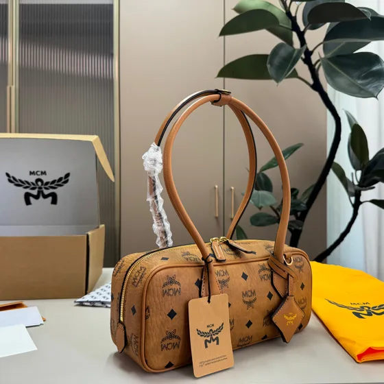 MCM Aren Boston Bag In Visetos Cognac Shoulder Bag