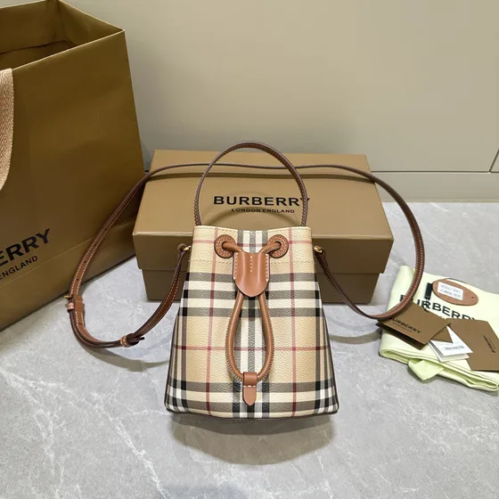 Burberry Check Drawstring Bucket Bag Beige Brown Check 16 5cm 11cm 18cm Crossbody