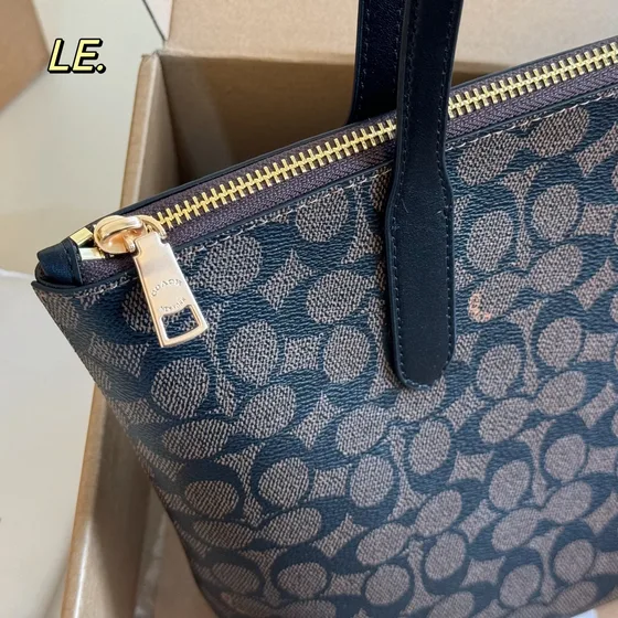 Coach Zip Top Tote In Signature Canvas Brown Black Tote Bag