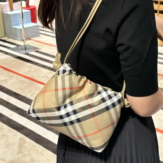Burberry Vintage Check Drawstring Pochette Bag Beige Pochette