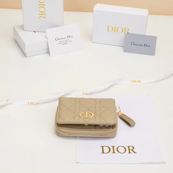 Dior Dior Caro Compact Zipped Portemonnee Beige Portemonnee