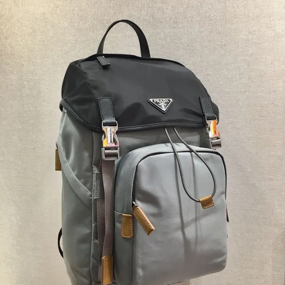 Prada Nylon Backpack With Saffiano Leather Details Black Grey Backpack