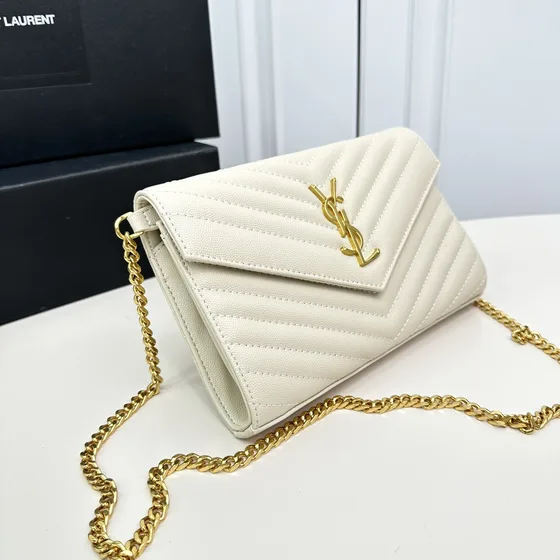 YSL Cassandre Matelass Envelope Chain Wallet White Woc
