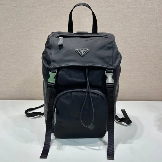 Prada Nylon Drawstring Backpack With Flap Black Backpack