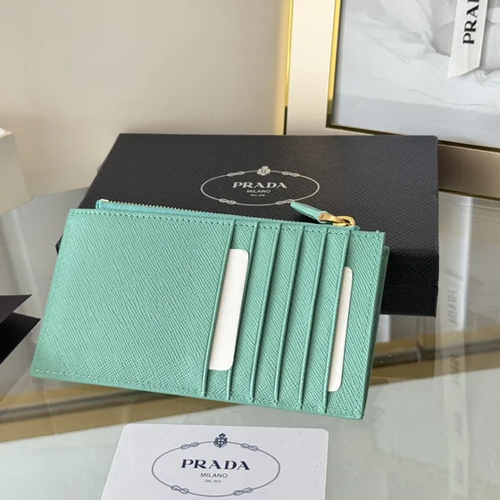 Prada Saffiano Kulit Card Holder With Zipper Mint Hijau Card Holder