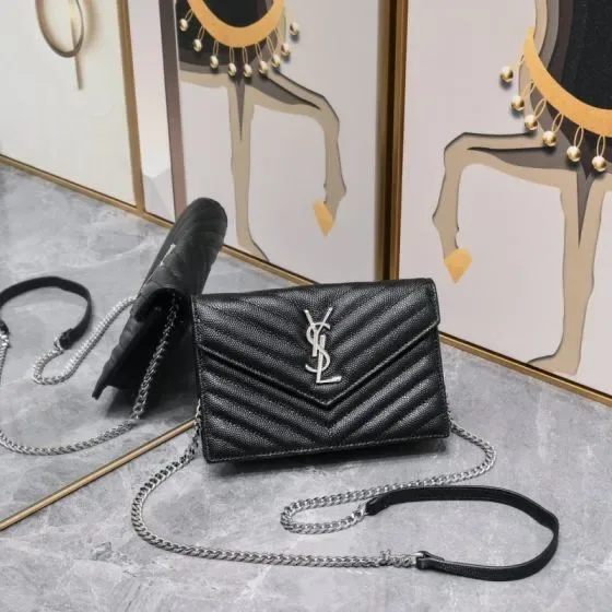 YSL Cassandre Matelass Envelope Chain Wallet Black Woc