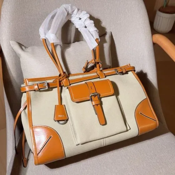 Prada Canvas Leather Tote Beige And Orange Tote Bag