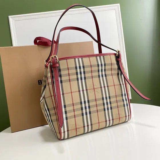 Burberry Horseferry Check Canvas Shoulder Tote Beige Burgundy Shoulder Bag