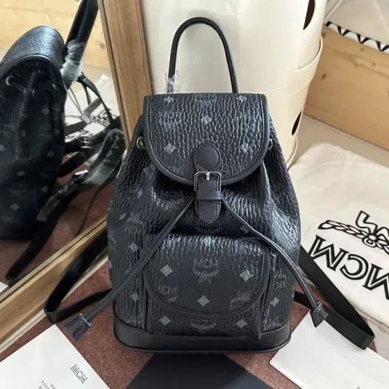 MCM Aren Flap Backpack In Visetos Black Backpack
