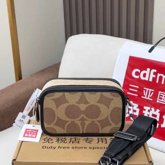 Coach Camera bag Beige Khaki Signature Canvas with Black trim crossbody