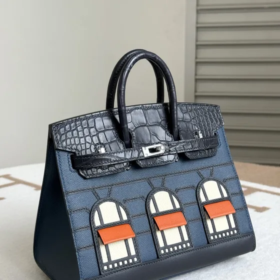 Hermes Birkin Faubourg Blau/Schwarz/Orange/Weiß Henkel