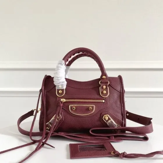 Balenciaga Metallic Edge City Mini Bag Burgundy Top Handle