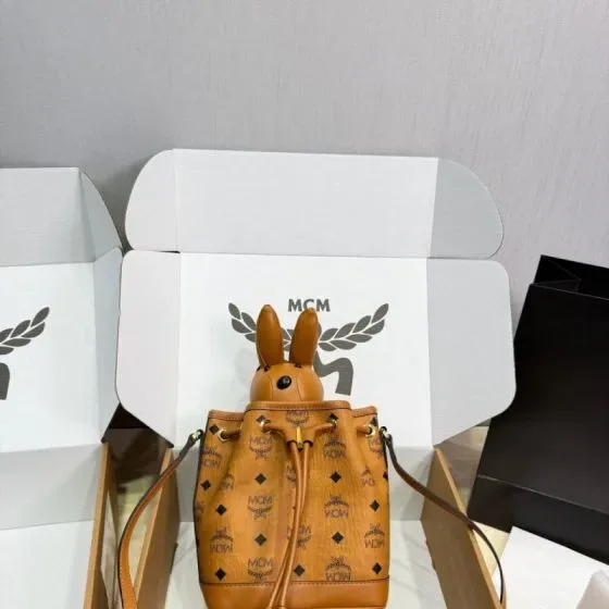 MCM Zoo Rabbit Drawstring Bucket Bag Cognac Crossbody