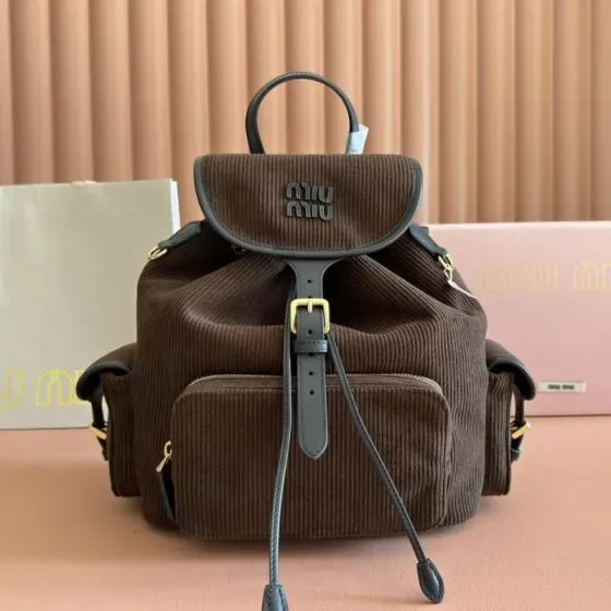 Miu Miu Corduroy Leather-Trimmed Backpack Brown Backpack
