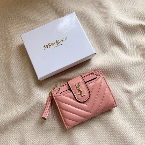 YSL Gaby Quilted Piel de cordero Zip Card Case With Tassel Rosa Card Holder