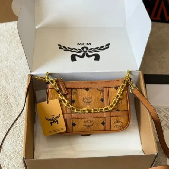 MCM Aren Visetos Chain Crossbody Pouch Cognac Crossbody