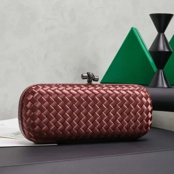 Bottega Veneta Intrecciato Satin Knot Clutch Burgundy Clutch