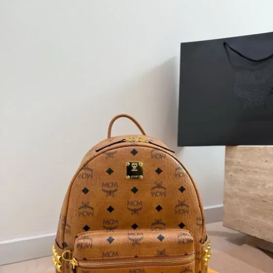 MCM Stark Side Studs Backpack In Visetos Cognac Brown Backpack