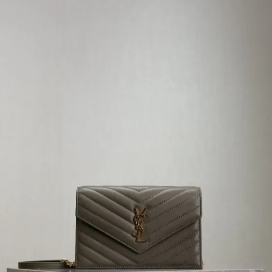 YSL Cassandre Matelass Envelope Chain Wallet Grey Woc