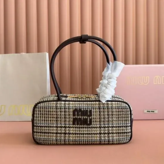 Miu Miu Beaute Houndstooth Top Handle Bag Khaki Check Top Handle
