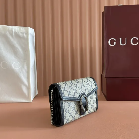 Gucci Dionysus Gg Supreme Chain Carteira Bege/Preto Woc