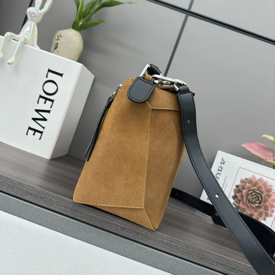 Loewe Puzzle Bag Warm Desert Brown With Black Leather Tri Top Handle Shoulder Crossbody Bag