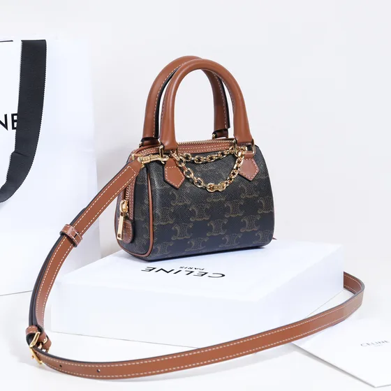 Celine Triomphe Mini Boston Bag بني Top Handle
