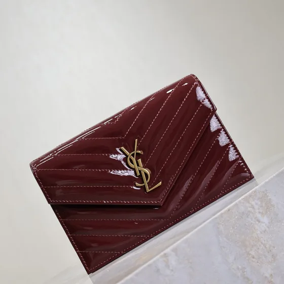YSL Cassandre Matelass Envelope Wallet Burgundy Wallet