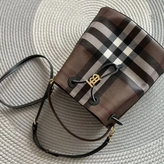 Burberry Check Drawstring Bucket Bag Brown Crossbody