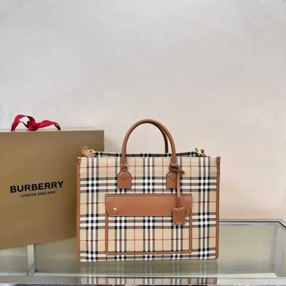 Burberry Vintage Check Pocket Tote Bag Beige Briar Brown Tote Bag