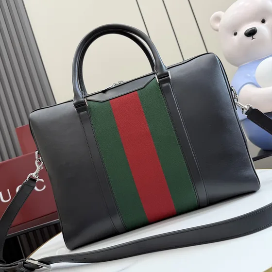 Gucci Web Detail Piel Maletín Negro Asa superior