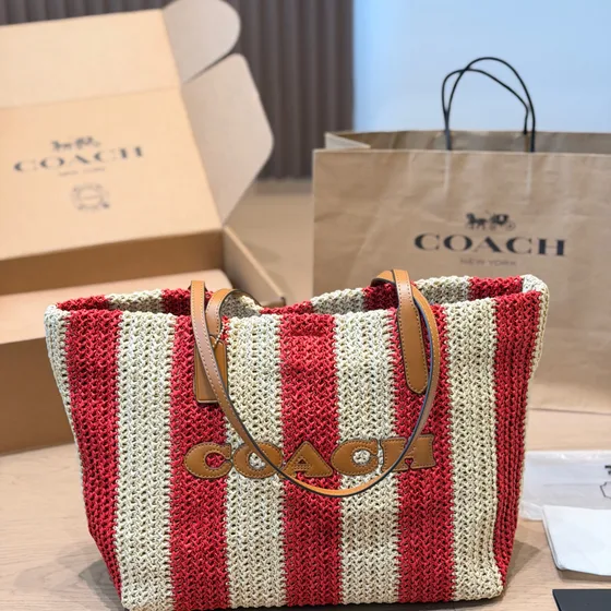 Coach Crochet Stripe Tote Bag أحمر And بيج Tote Bag
