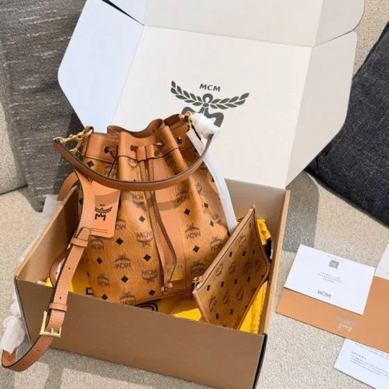 MCM Dessau Visetos Drawstring Bucket Bag Cognac Shoulder Bag