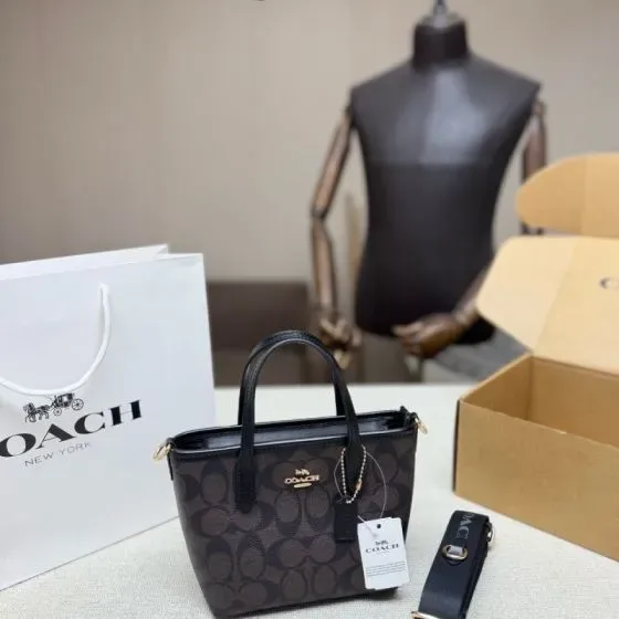 Coach Mini City Tote In Signature Canvas Black Brown Tote Bag