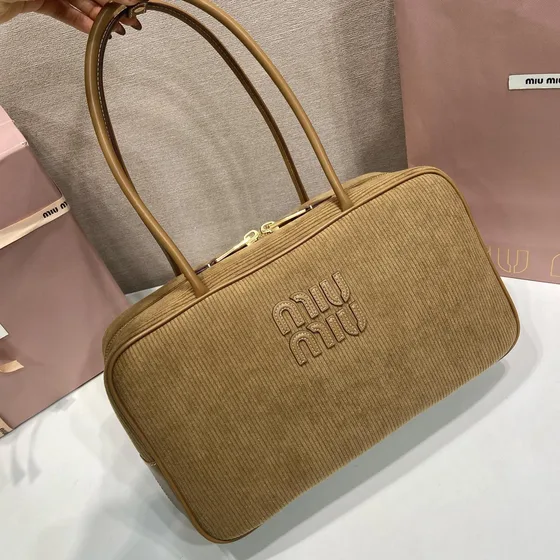 Miu Miu Embroidered Logo Corduroy Top Handle Bag Beige Top Handle