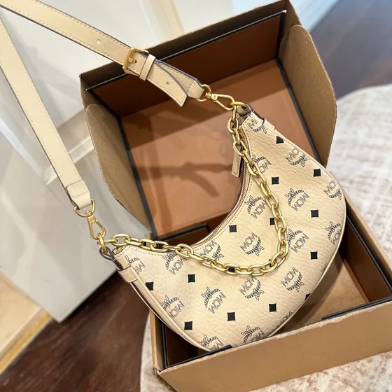 MCM Aren Visetos Crescent Hobo Beige Hobo