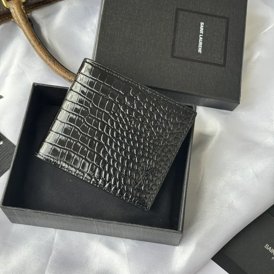 YSL Tiny Cassandre East West Wallet In Crocodile-Embossed Leathe Black Wallet